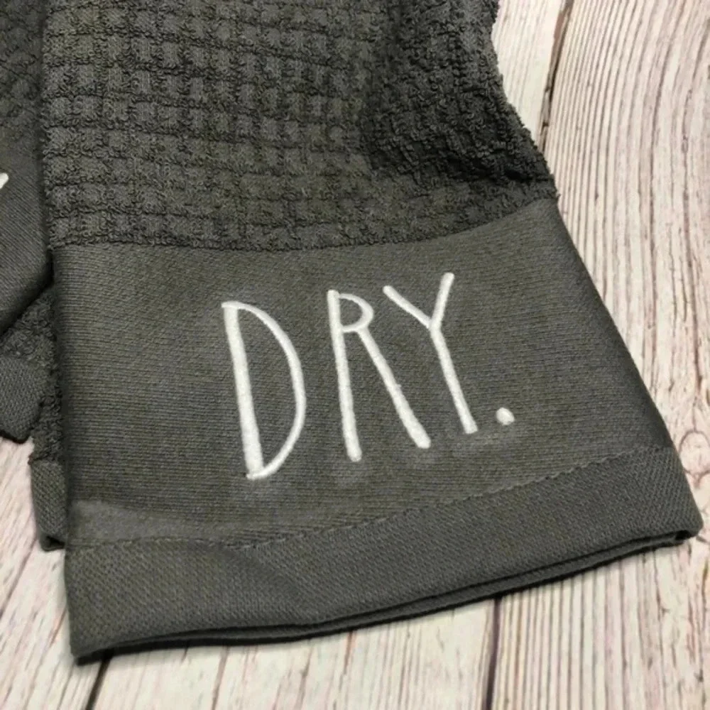 NWT Rae Dunn gray dish towel set CLEAN DRY neutral classic